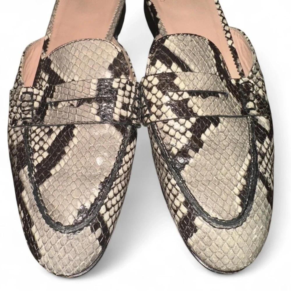 J.‎ Crew W 6.5 Snakeskin Loafers Mules Leather Black Tan Silver Slip On Classic - Picture 4 of 7